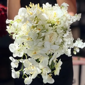 White Orchid and Rose Cascade Bouquet