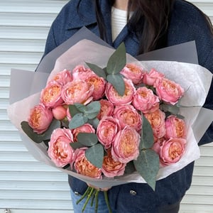 Bouquet of peony roses and eucalyptus