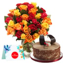 Bouquet 'Bright Roses Glass Vase with Coffe Cake'