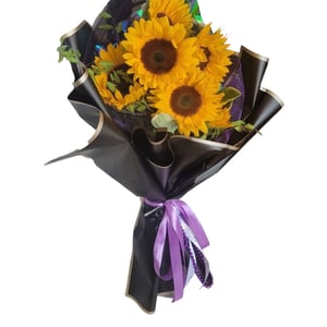 Summer village, sunflowers bouquet