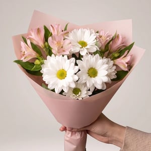 A curated bouquet of three chrysanthemums and three alstroemerias.