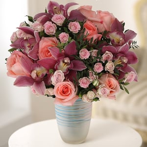 Ein Strauß aus Orchideen und Rosen