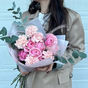 Bouquet of peony roses and dianthus