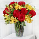 Autumn Bouquet: red Roses and Alstroemerias