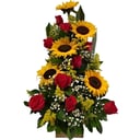 Ikebana of roses and sunflowers