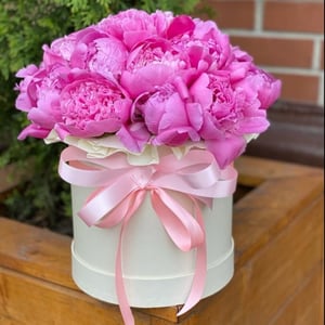 Hat box with flowers '15 peonies in a hatbox'