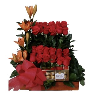 Bouquet of roses with chocolates