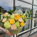 Bouquet of carnations, roses and eustoma