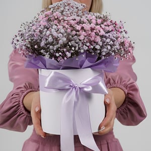 Hat box with flowers 'Rainbow gypsophila'