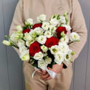 Author's bouquet of eustoma and red roses