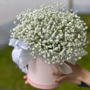 Hat box with flowers 'White gypsophila in a box'