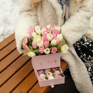 Box with tulips and strawberries