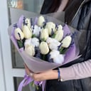 Bouquet of tulips, cotton and lavender