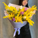 Bouquet of 9 lilac-white Tulips with mimosa