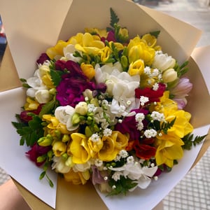 A bouquet of 50 freesias — a delicate floral cloud that fills the heart with springtime joy.