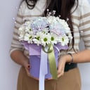 Hat box with flowers 'Composition in a Cylinder of White Chrysanthemums'
