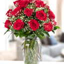 Arrangement 'Vase with 24 red roses with gypsophila'