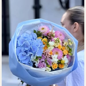 Blue Hydrangea and Dahlia Bouquet