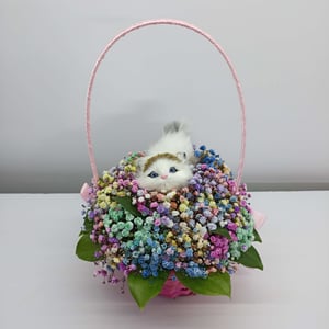 Blumenkorb 'Gipskraut-Komposition "Katze im Körbchen"'