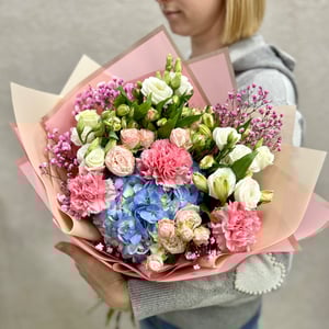Bouquet with blue hydrangea and flowers