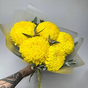 Blumenstrauß 'Helle gelbe Chrysanthemen, 5 Stück mit Eukalyptus.'