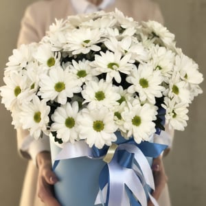 Hat box with flowers 'Box of chrysanthemums Desire'