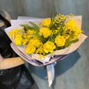 Bouquet of 9 peony tulips with mimosa