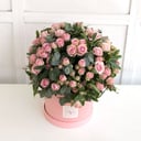 Pink spray roses in a round box