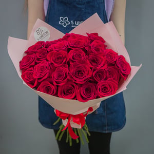 A bouquet of 25 fresh red roses
