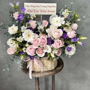Pink Rose & Purple Garden Flower Basket