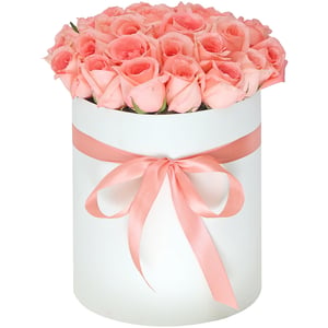 Rosas rosas en una caja de sombreros