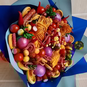 Blumenstrauß mit Wurst, Käse und Gemüse