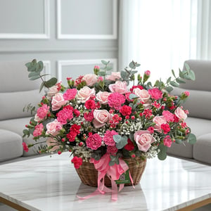 Panier de fleurs rosées