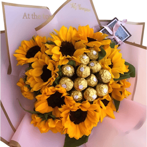 Strauß aus 12 Sonnenblumen und Pralinen