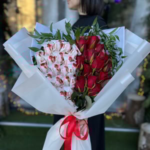 Heart-Shaped Bouquet of Roses and Raffaello
