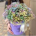 Hat box with flowers 'Composition of rainbow gypsophila'
