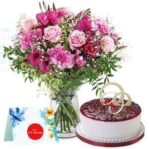 Mixed Flowers with Glass Vase and Cake