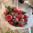 Bouquet of Coral Sunset peonies and eucalyptus
