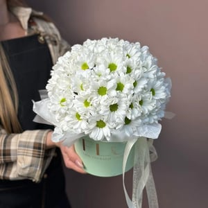 Hat box with flowers 'Daisy Chrysanthemum Arrangement'