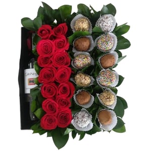 Box of roses, strawberries with chocolate, wine