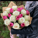 Bouquet of white roses and pink tulips