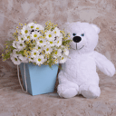 Bouquet and teddy bear: Chamomiles and Chrysanthemums