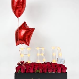 Flower box 'Red Roses & LED Letters'