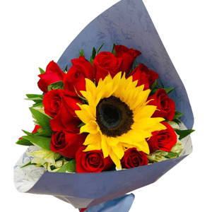 Ramo 'Bouquet de 12 rosas y 1 girasol'