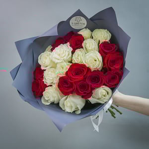 25 red and white roses