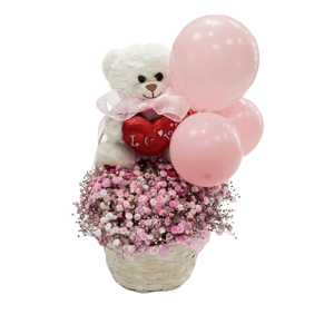Pink Gypsophila Basket with Teddy Bear