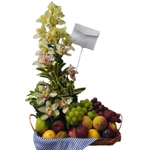 Fruit bowl with orchids