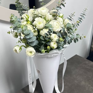White Ranunculus and Eucalyptus Bouquet