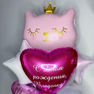 Balloon Cat with hearts and stars balloons