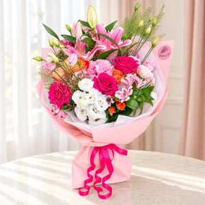Blumenstrauß 'Luxuriöser pinkfarbener Lilien- und Rosenstrauß'